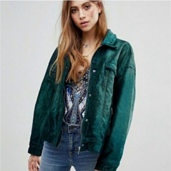 Free People Emerald Green Glam Velvet Trucker Jacket with Silver Button… - Picture 10 of 14